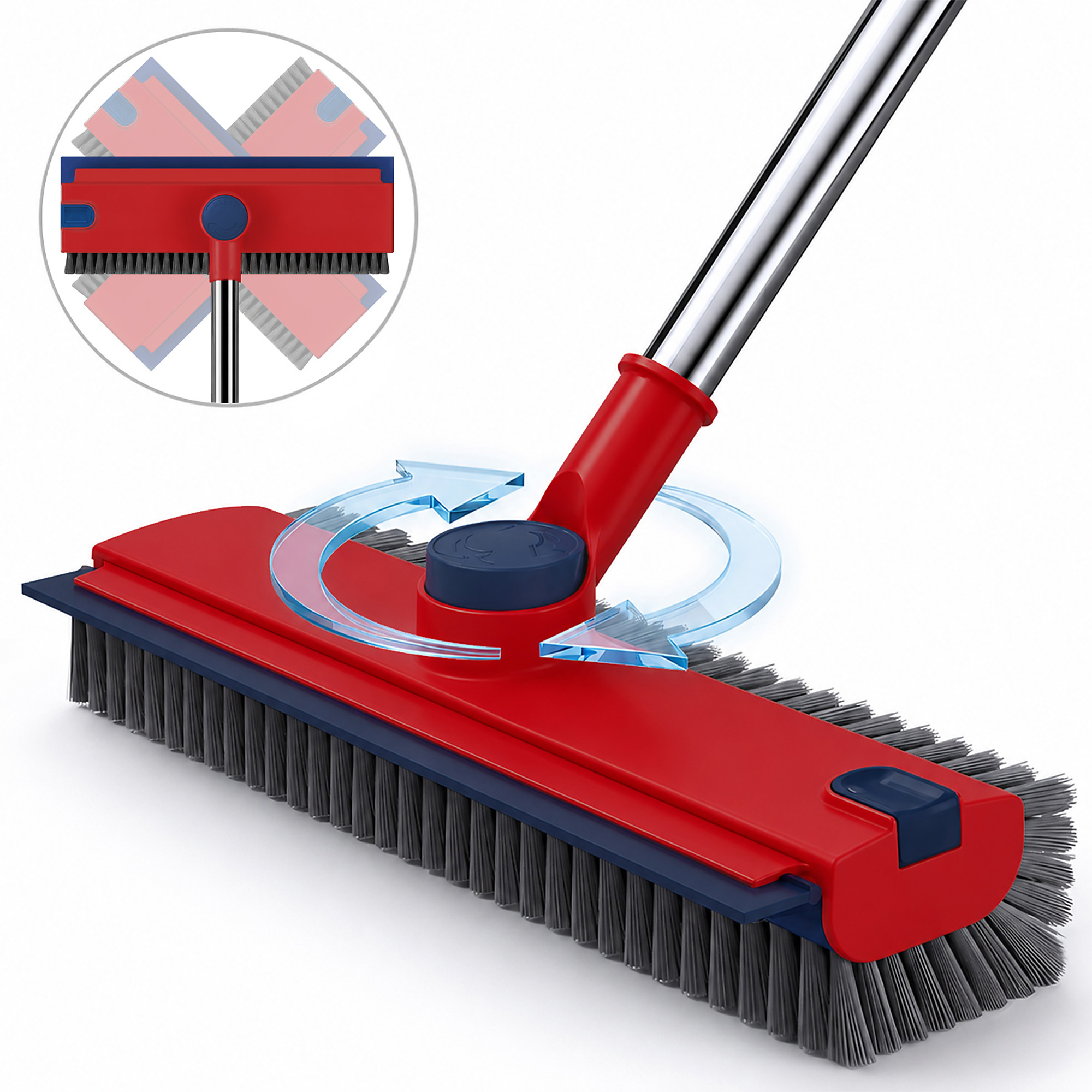 3 in 1 Floor Scrub Brush with Adjustable Long Handle 54in, 360 Rotating Head, Stiff Bristles, Blue/Red, Model# 70704B